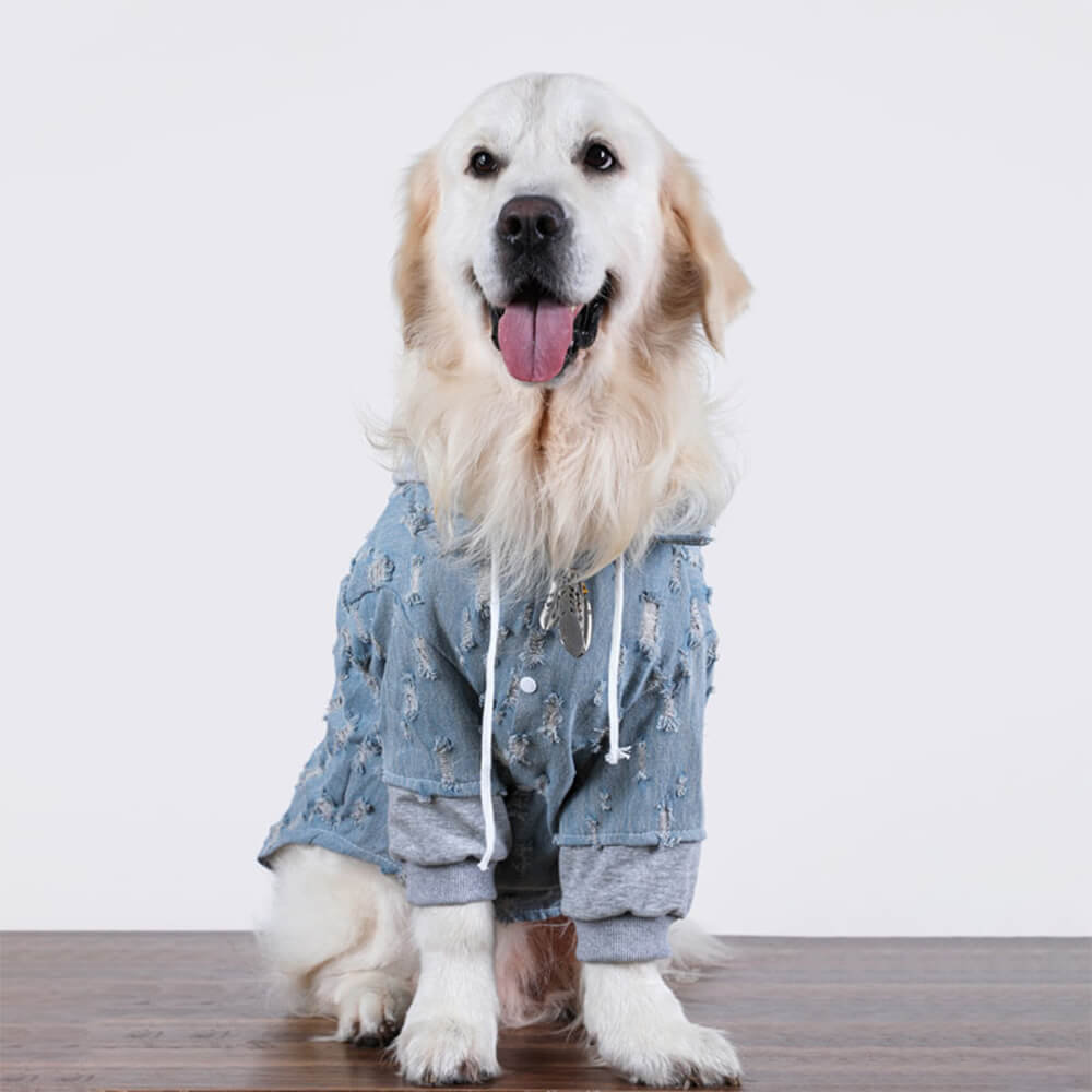 Bonito Denim Rasgado Cachorro Moletom Com Capuz Camisa Roupas