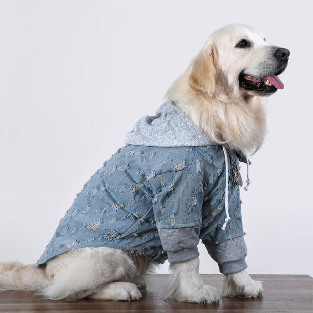 Bonito Denim Rasgado Cachorro Moletom Com Capuz Camisa Roupas