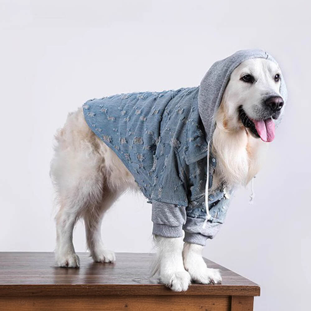 Bonito Denim Rasgado Cachorro Moletom Com Capuz Camisa Roupas