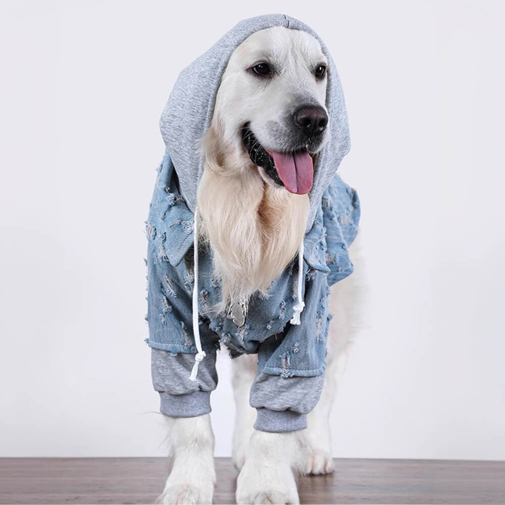 Bonito Denim Rasgado Cachorro Moletom Com Capuz Camisa Roupas