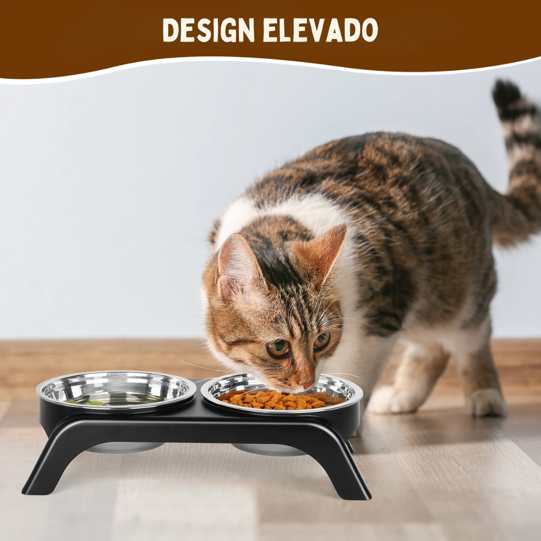 Tigela Elevada Comedouro Duplo Inox Antiderrapante para Gatos e Cães