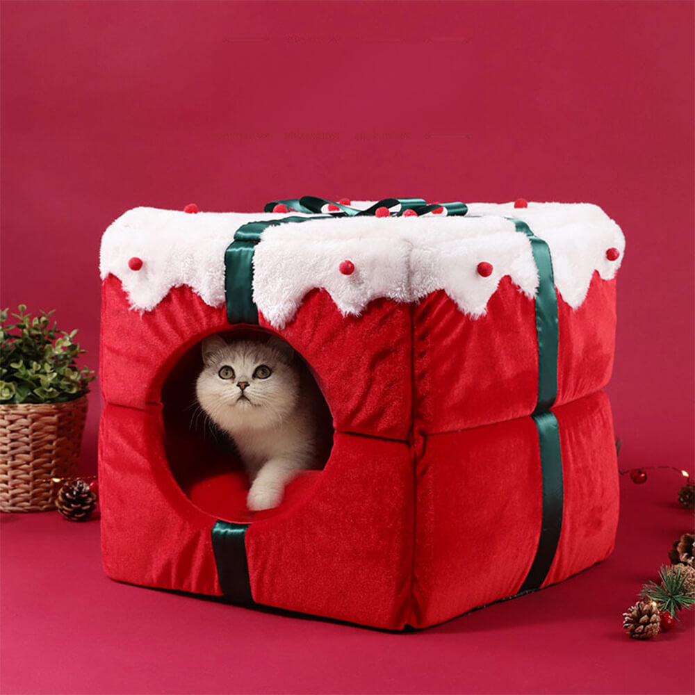 Caixa de presente de Natal, caverna semi-fechada, quente, para dormir, para cães e gatos