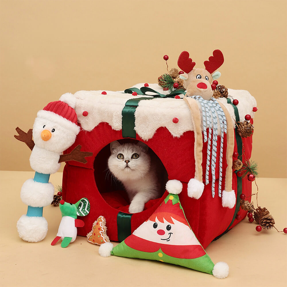 Christmas gift box, semi-enclosed, warm cave for sleeping, for dogs and cats.