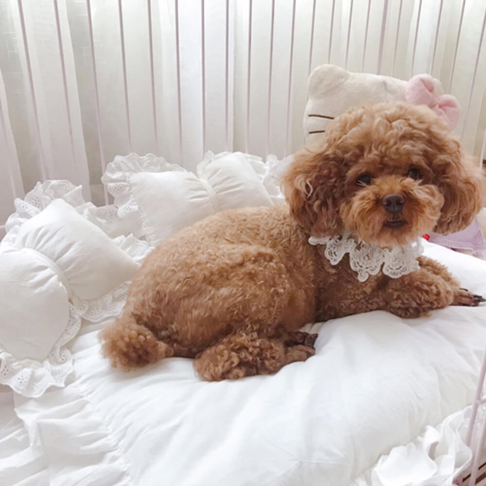 Cama de cachorro com almofada oval removível e acabamento com babados de princesa fofa