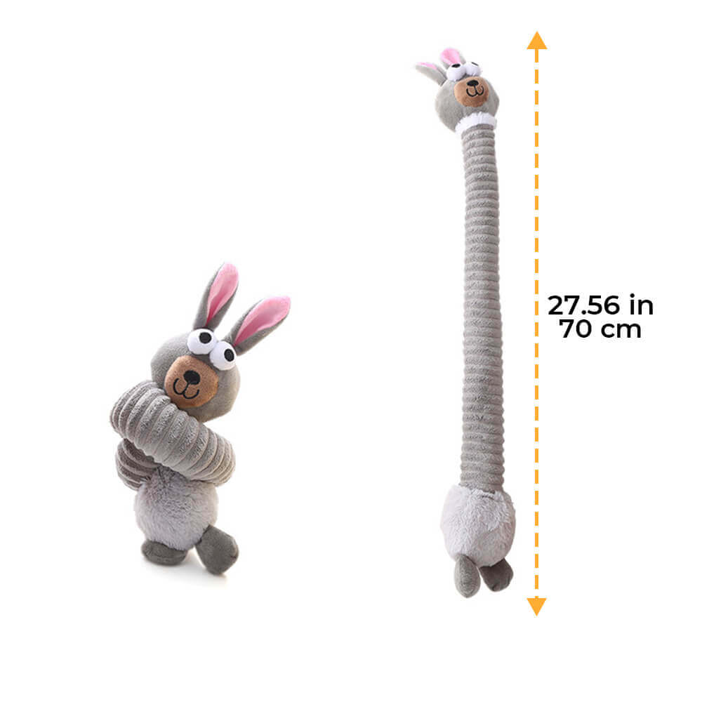 Plush dog toy with long-necked animal squeaker, interactive chew toy.