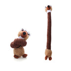 Plush dog toy with long-necked animal squeaker, interactive chew toy.