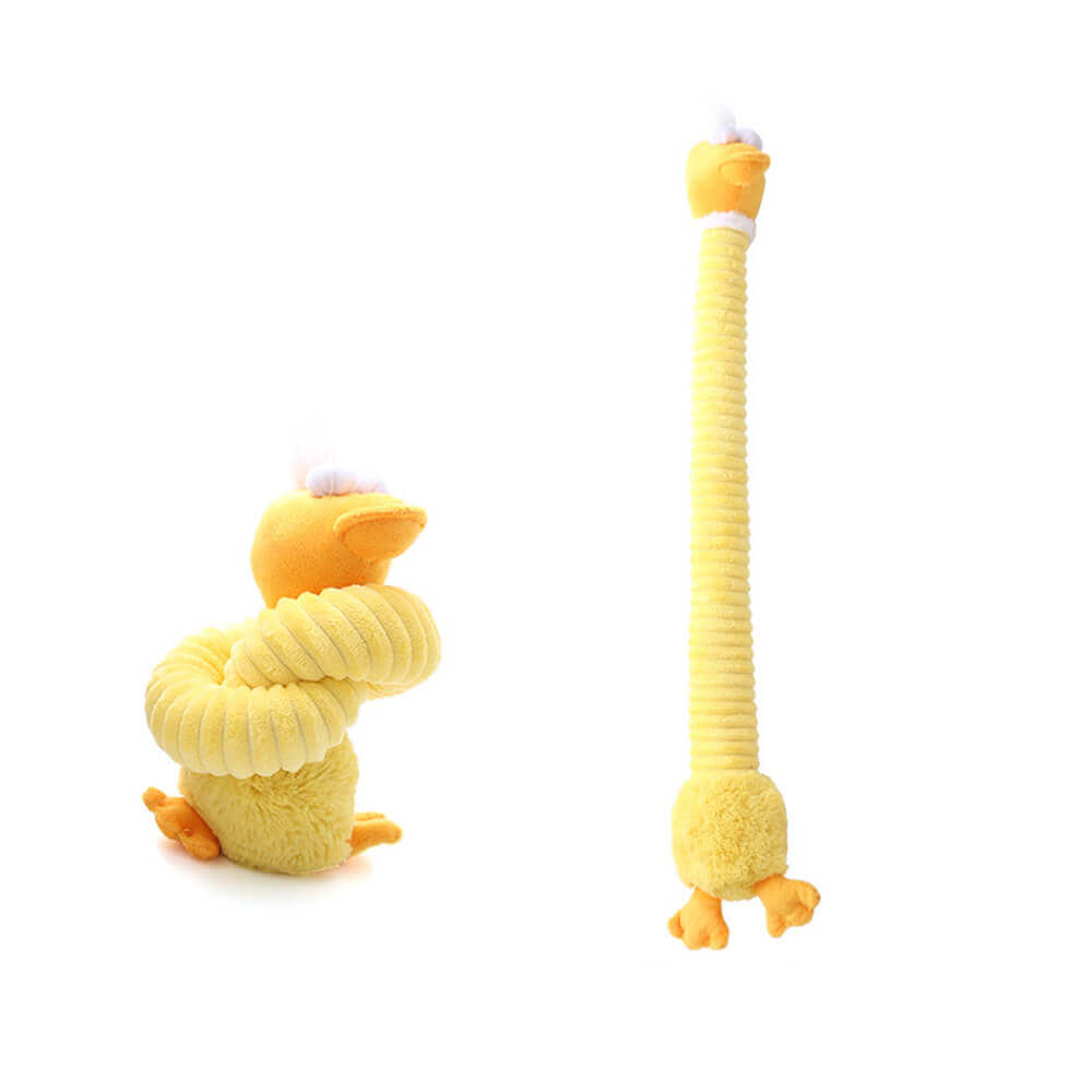 Plush dog toy with long-necked animal squeaker, interactive chew toy.