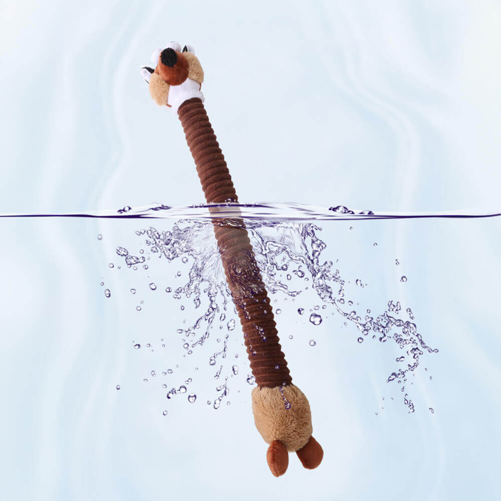 Plush dog toy with long-necked animal squeaker, interactive chew toy.