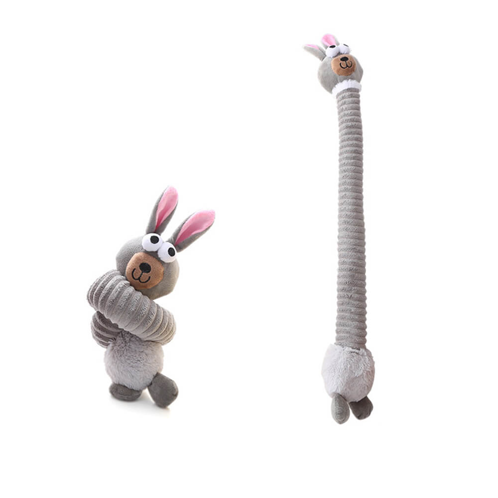Plush dog toy with long-necked animal squeaker, interactive chew toy.