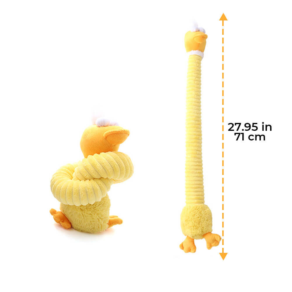 Plush dog toy with long-necked animal squeaker, interactive chew toy.