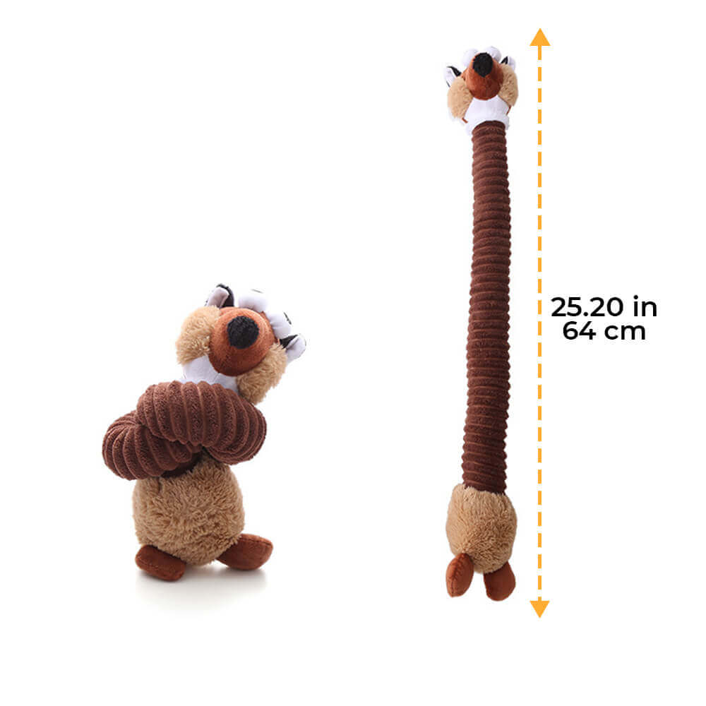 Plush dog toy with long-necked animal squeaker, interactive chew toy.