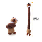 Plush dog toy with long-necked animal squeaker, interactive chew toy.