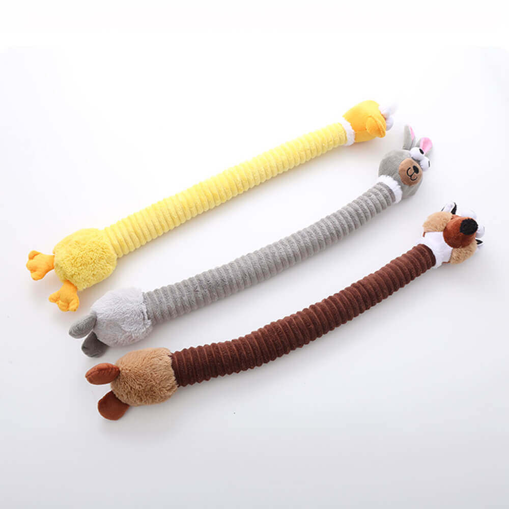 Plush dog toy with long-necked animal squeaker, interactive chew toy.