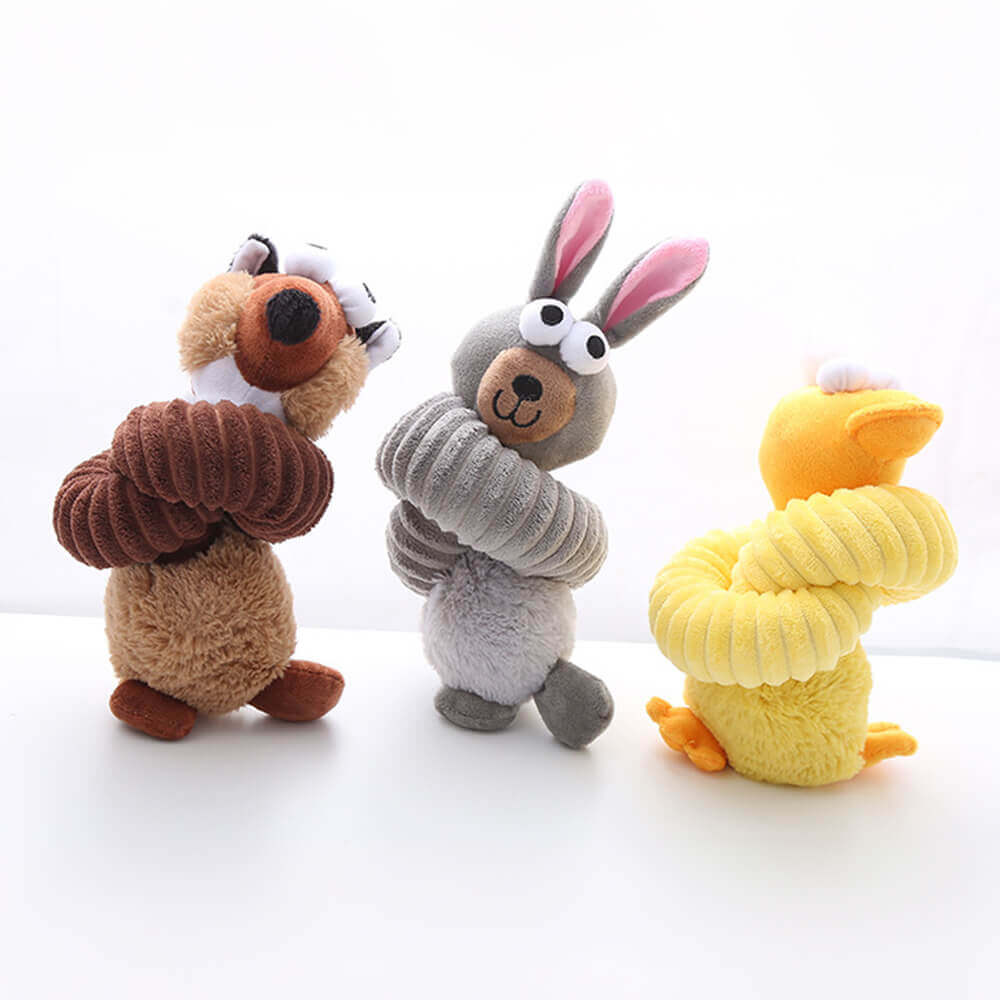Plush dog toy with long-necked animal squeaker, interactive chew toy.