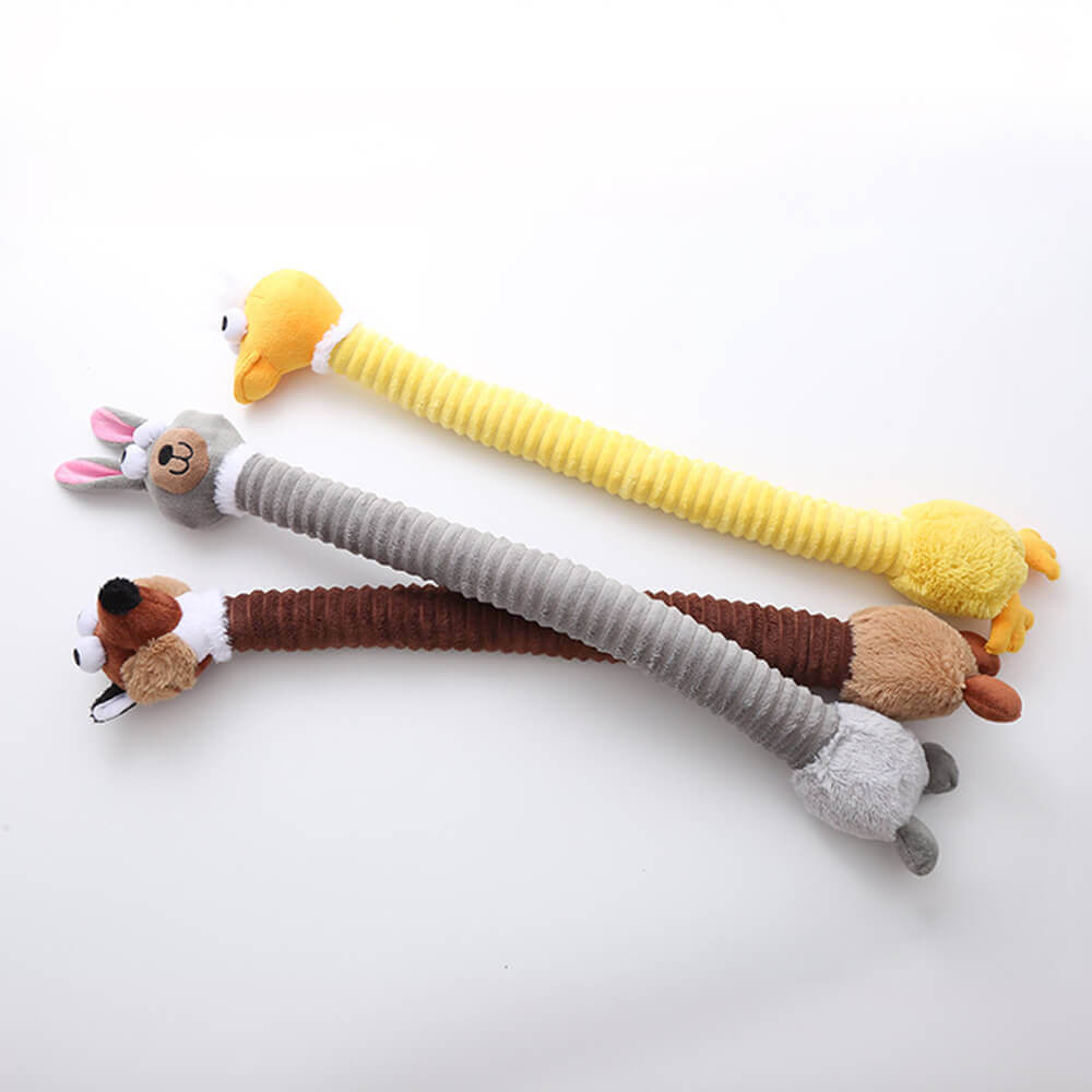 Plush dog toy with long-necked animal squeaker, interactive chew toy.