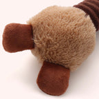 Plush dog toy with long-necked animal squeaker, interactive chew toy.