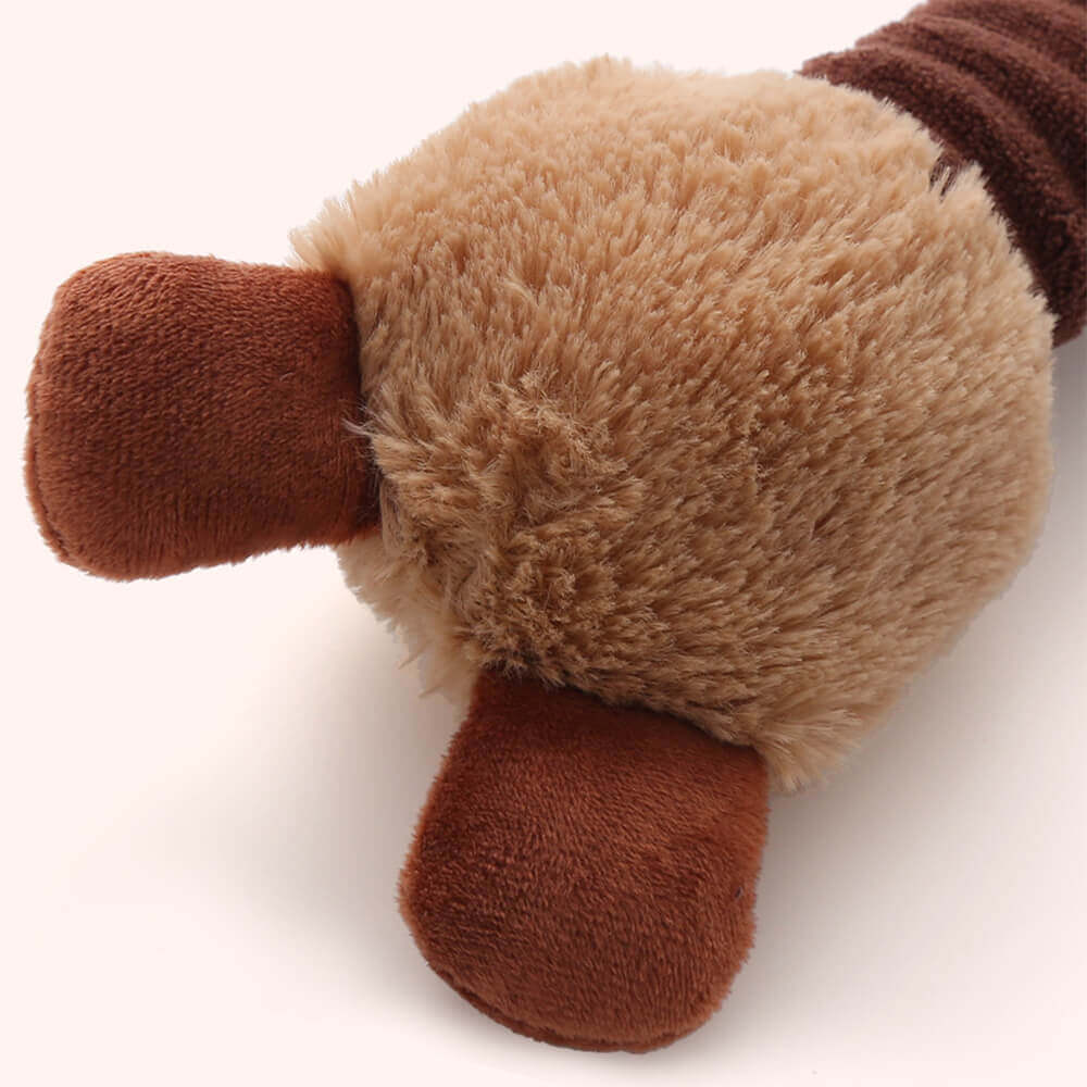 Plush dog toy with long-necked animal squeaker, interactive chew toy.