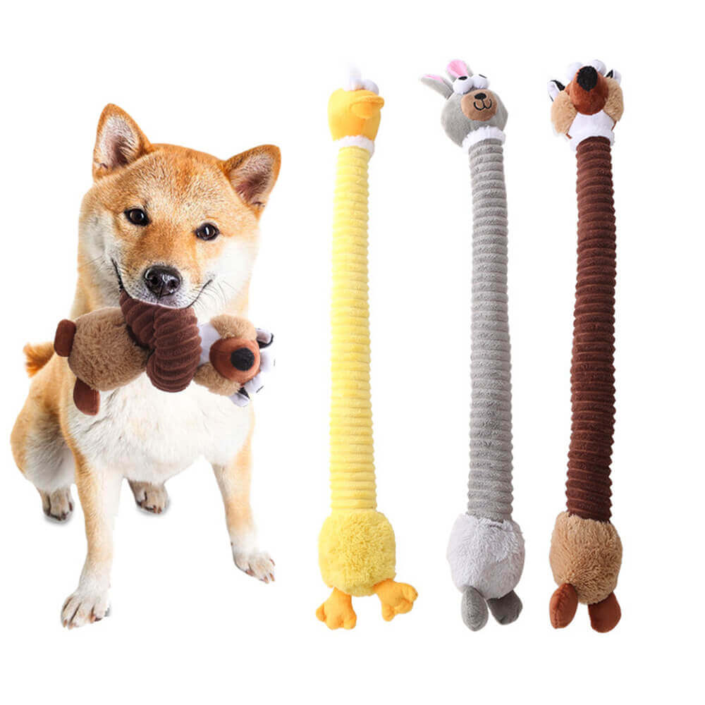 Plush dog toy with long-necked animal squeaker, interactive chew toy.