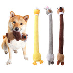 Plush dog toy with long-necked animal squeaker, interactive chew toy.