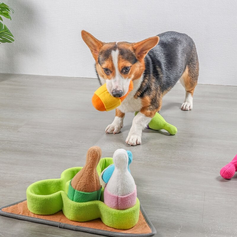 Brinquedo interativo de dispensador de guloseimas para cães com quebra-cabeça de boliche