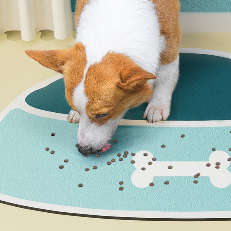 Absorbent, non-slip, quick-drying pet feeding mat.