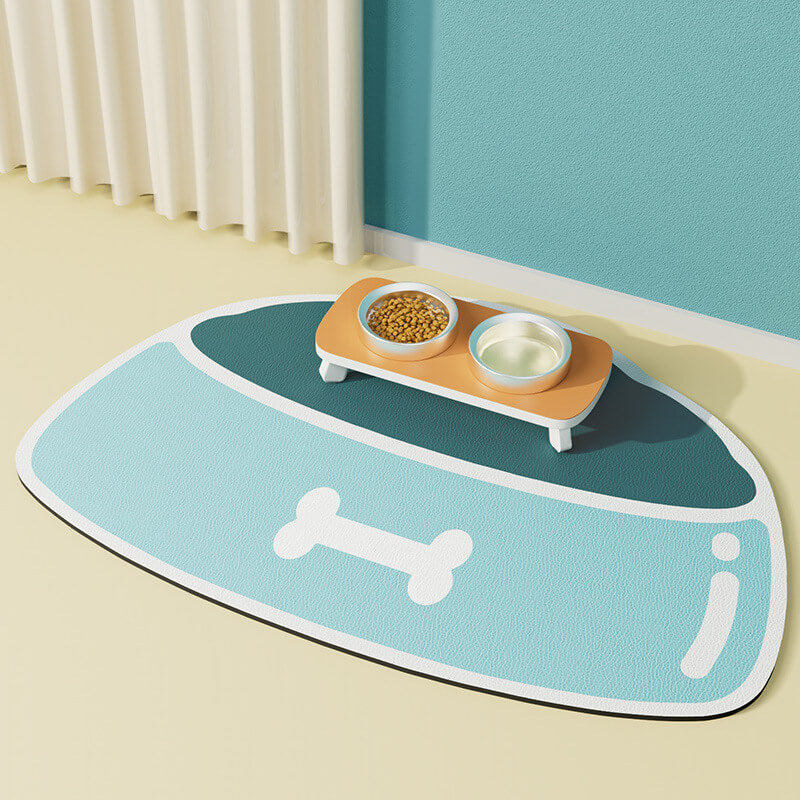 Absorbent, non-slip, quick-drying pet feeding mat.