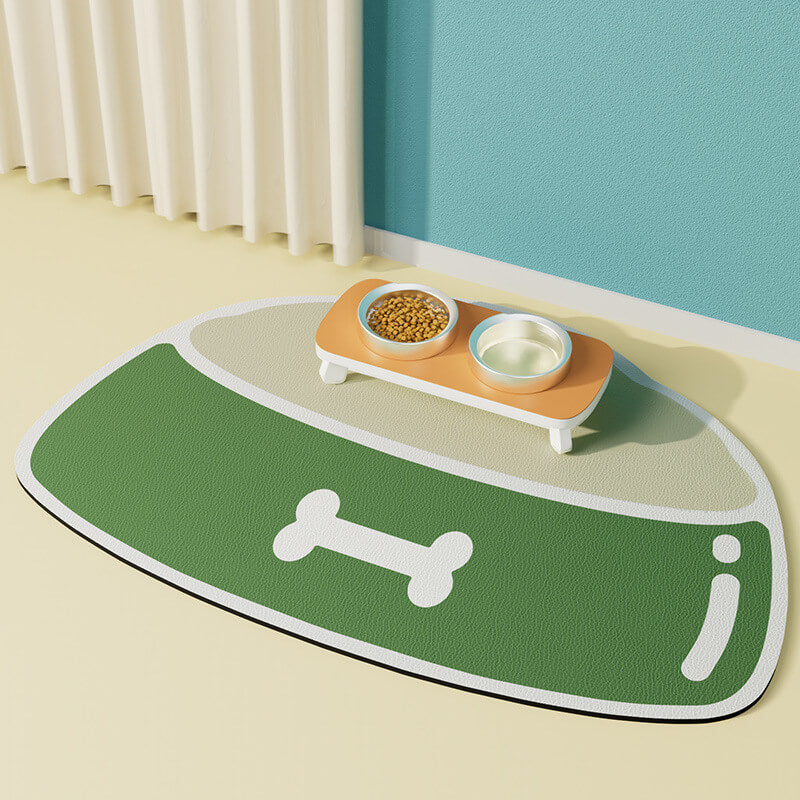 Absorbent, non-slip, quick-drying pet feeding mat.