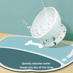 Absorbent, non-slip, quick-drying pet feeding mat.