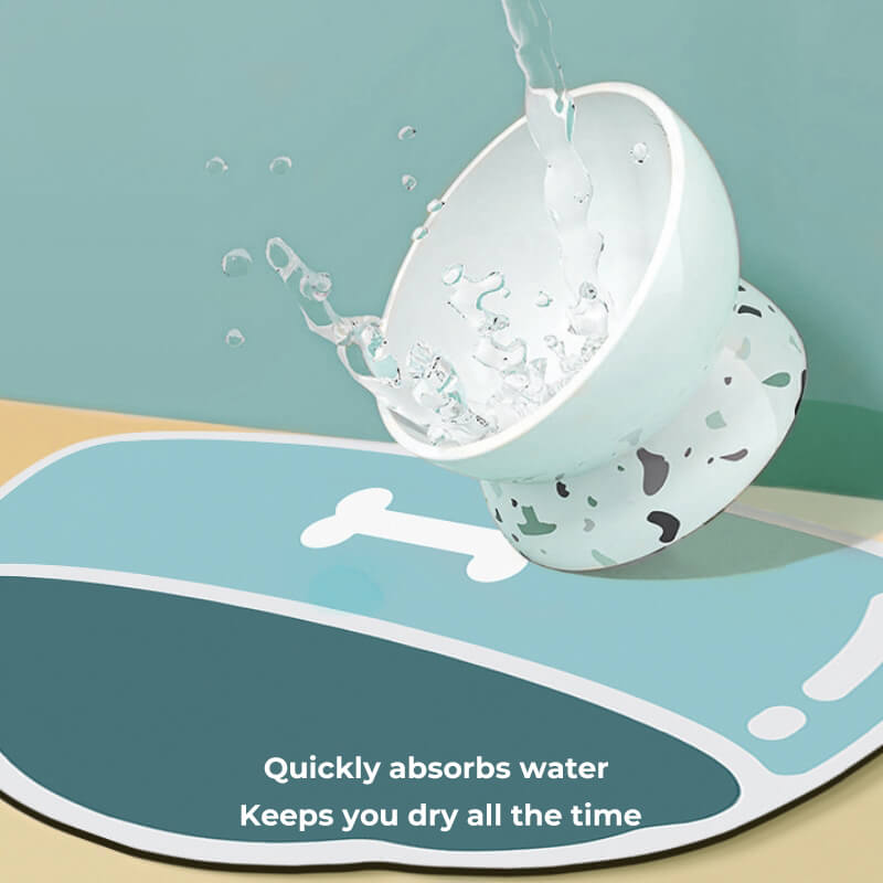 Absorbent, non-slip, quick-drying pet feeding mat.