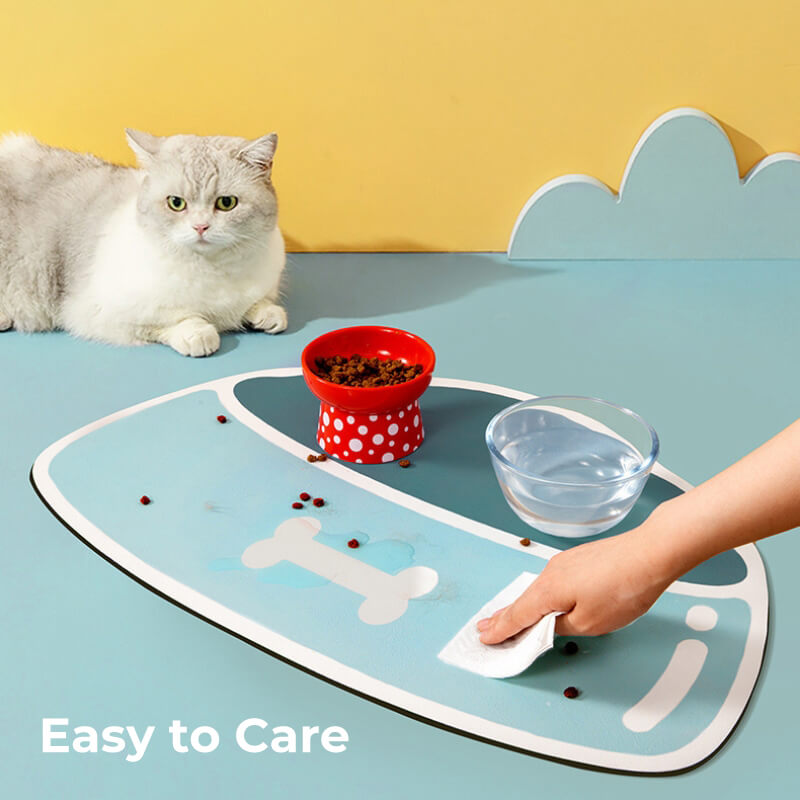Absorbent, non-slip, quick-drying pet feeding mat.
