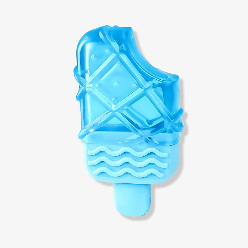 Dog teething toy with water-filled popsicle and cooling rubber.