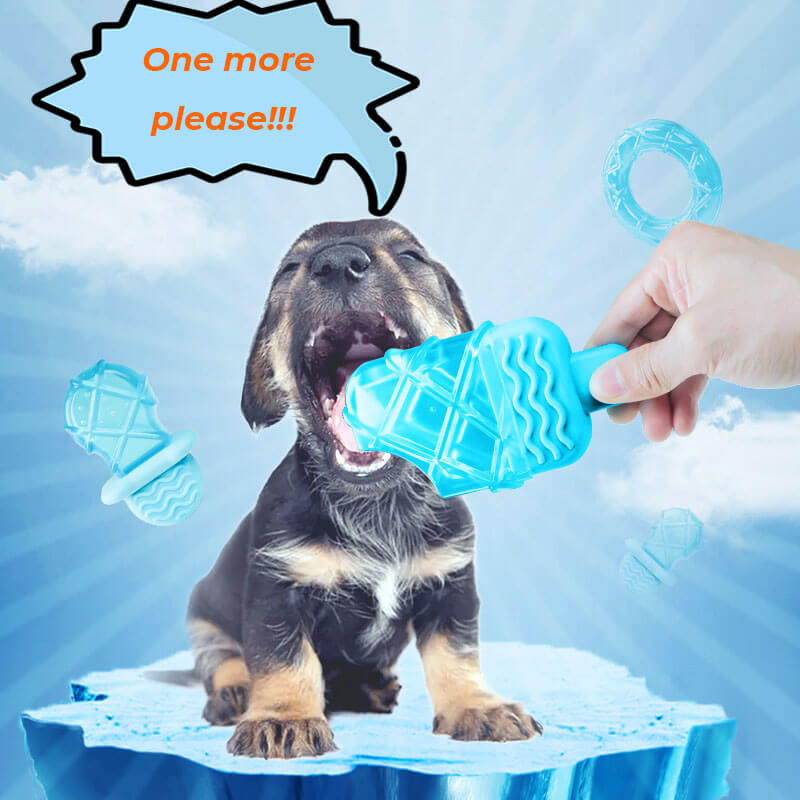 Dog teething toy with water-filled popsicle and cooling rubber.