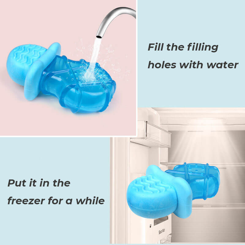 Dog teething toy with water-filled popsicle and cooling rubber.
