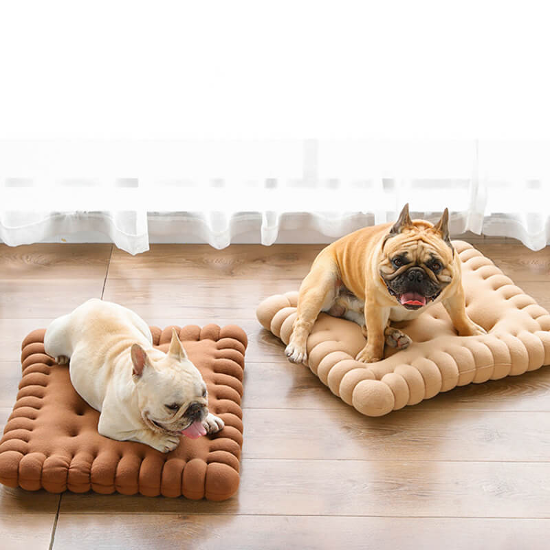 Padded dog bed made of biscuit dough.