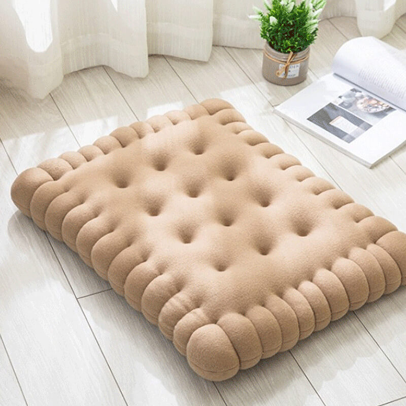 Padded dog bed made of biscuit dough.