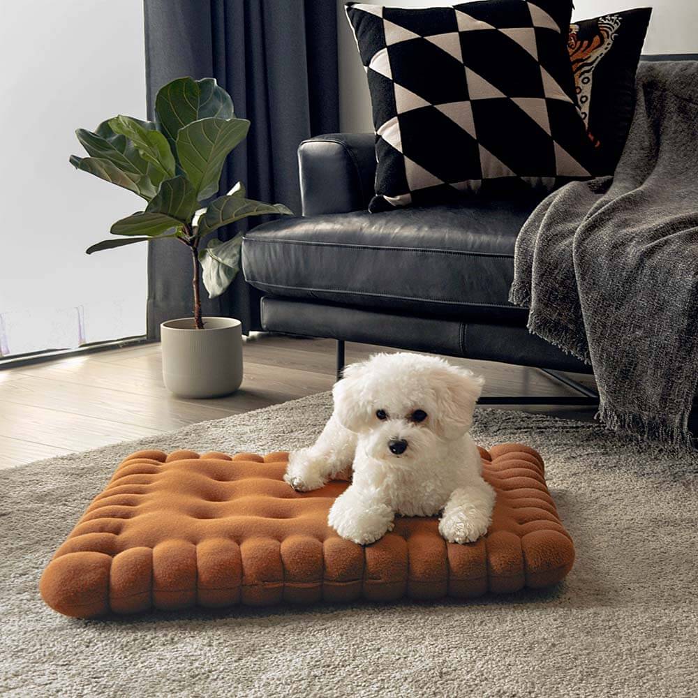 Padded dog bed made of biscuit dough.