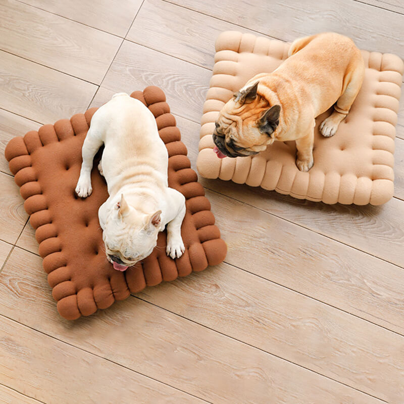 Padded dog bed made of biscuit dough.