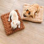Padded dog bed made of biscuit dough.