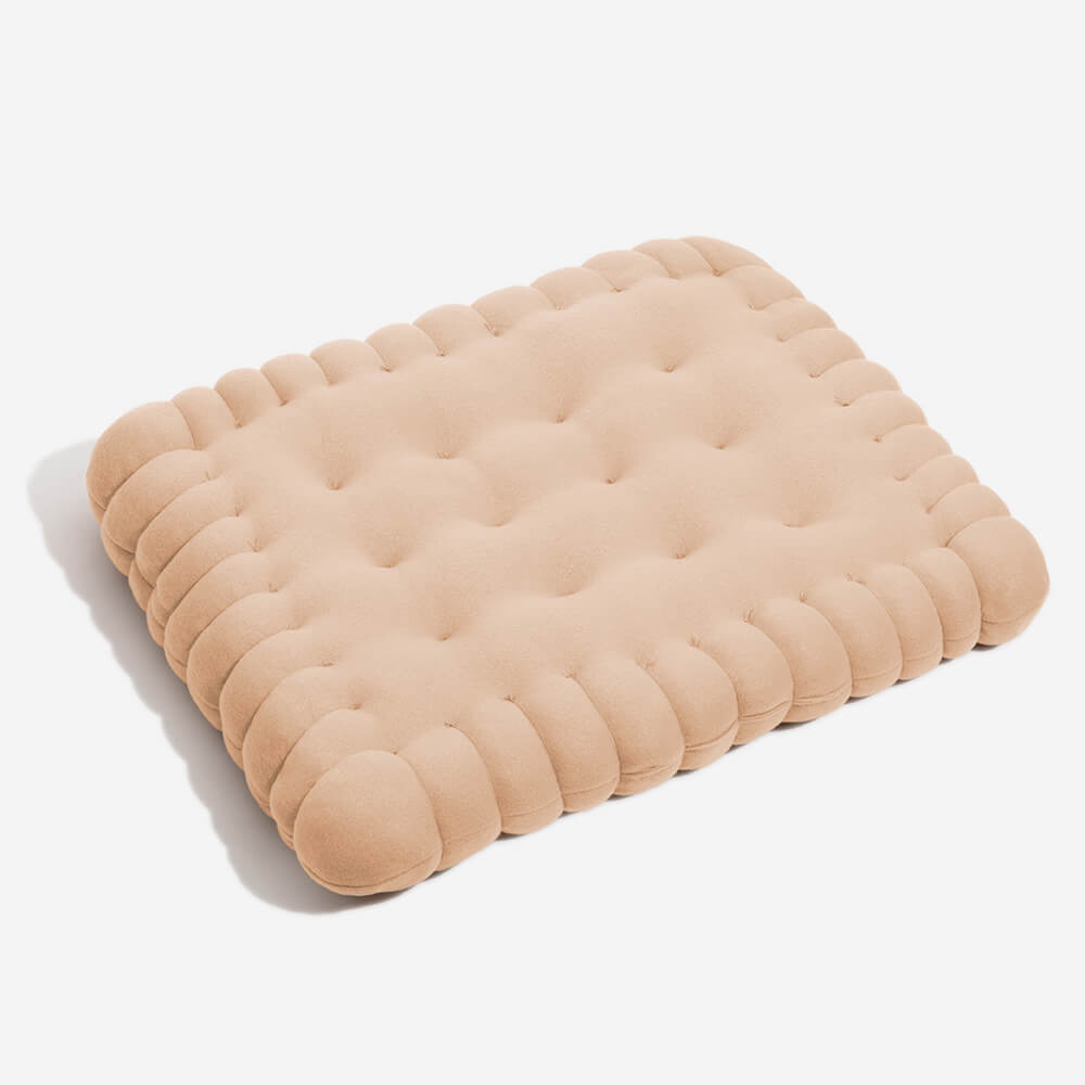 Padded dog bed made of biscuit dough.